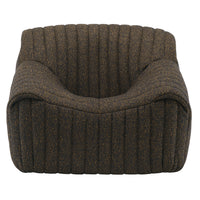 Front view of the Sandra Armchair, Vanir by Ligne Roset—a low, modern retro lounge chair with thick, rounded cushioned sides and back, upholstered in dark brown textured fabric with subtle gold specks for a cozy, inviting look.