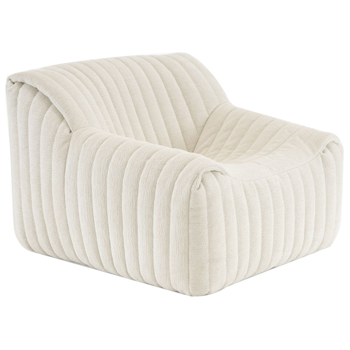 The Sandra Armchair, Vidar by Ligne Roset features a modern, low-profile design with a wide seat and backrest in cream ribbed upholstery and vertical tufting—a retro lounge chair ideal for stylish interiors.