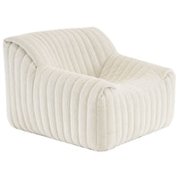 The Sandra Armchair, Vidar by Ligne Roset features a modern, low-profile design with a wide seat and backrest in cream ribbed upholstery and vertical tufting—a retro lounge chair ideal for stylish interiors.