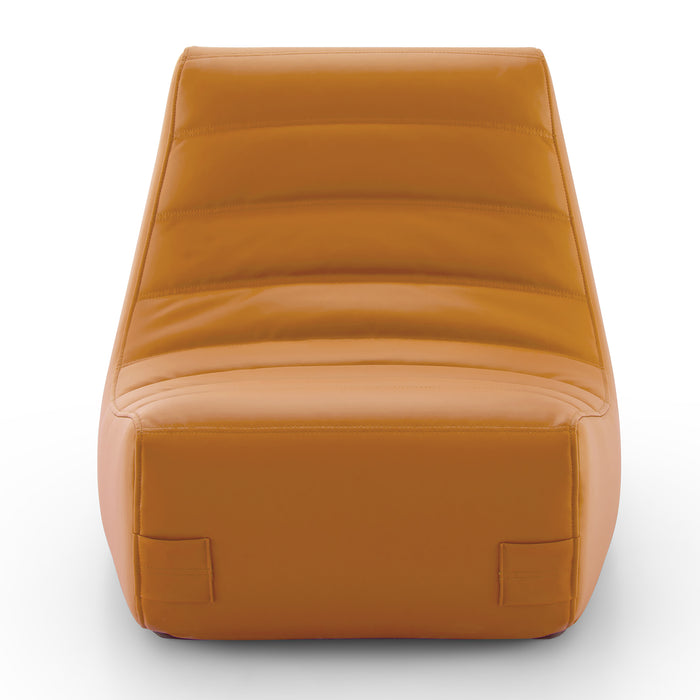 The Saparella Outdoor Chair by Ligne Roset is a modern, angular lounge chair featuring a low seat and backrest, upholstered in weatherproof tan leather, and is displayed against a plain white background.