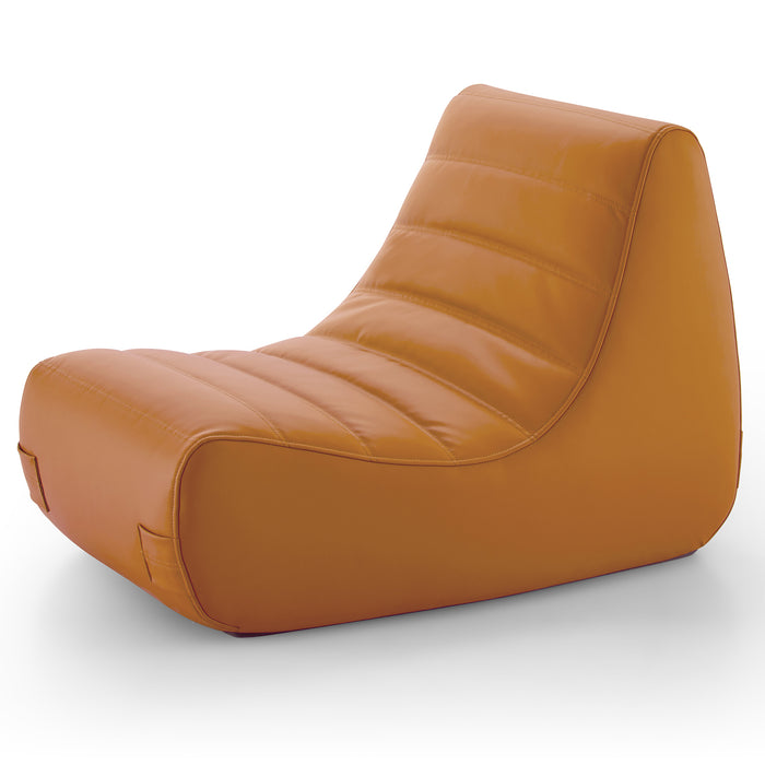 The Saparella Outdoor Chair by Ligne Roset is a modern, armless lounge chair featuring weatherproof, smooth tan leather upholstery, a low curved back, and a wide cushioned seat—making it equally suited for both indoor and outdoor spaces—all showcased against a white background.