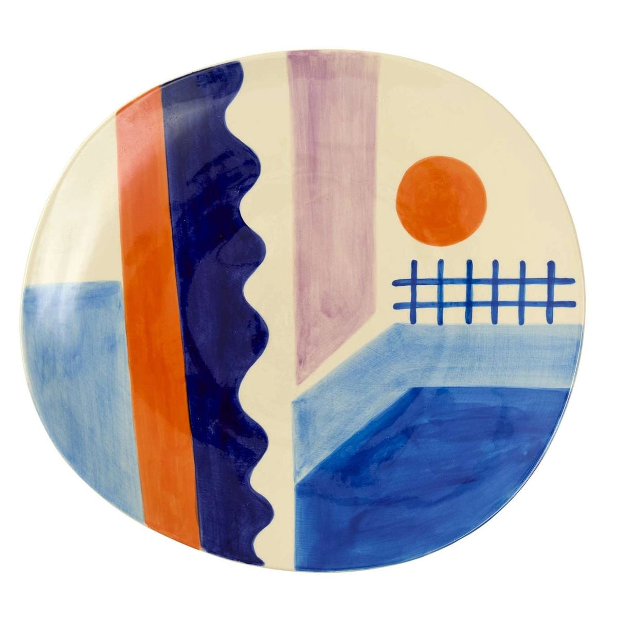 Introducing the Donna Wilson Sun + Sea Serving Platter—a stoneware plate adorned with abstract geometric shapes in blue, orange, and purple. Its cream background features playful motifs of a wave, sun, grid, and intersecting lines, making it a unique serving platter inspired by Donna Wilson’s signature style.