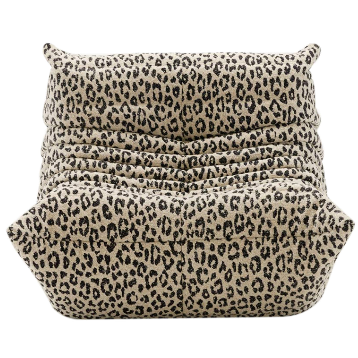 Togo Fireside Chair, Tablu by Ligne Roset—a low lounge chair with a plush, ruched silhouette reminiscent of the iconic Togo design, featuring beige and black leopard print upholstery, shown from the front against a white background.