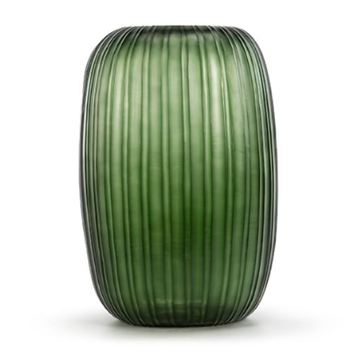 The Erongo Vase by Guaxs is a tall, cylindrical, mouth-blown green glass vase with vertical grooves and a matte finish, shown against a plain white background.