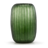 The Erongo Vase by Guaxs is a tall, cylindrical, mouth-blown green glass vase with vertical grooves and a matte finish, shown against a plain white background.