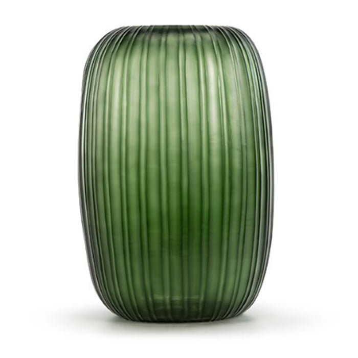 The Erongo Vase by Guaxs is a tall, cylindrical, mouth-blown green glass vase with vertical grooves and a matte finish, shown against a plain white background.