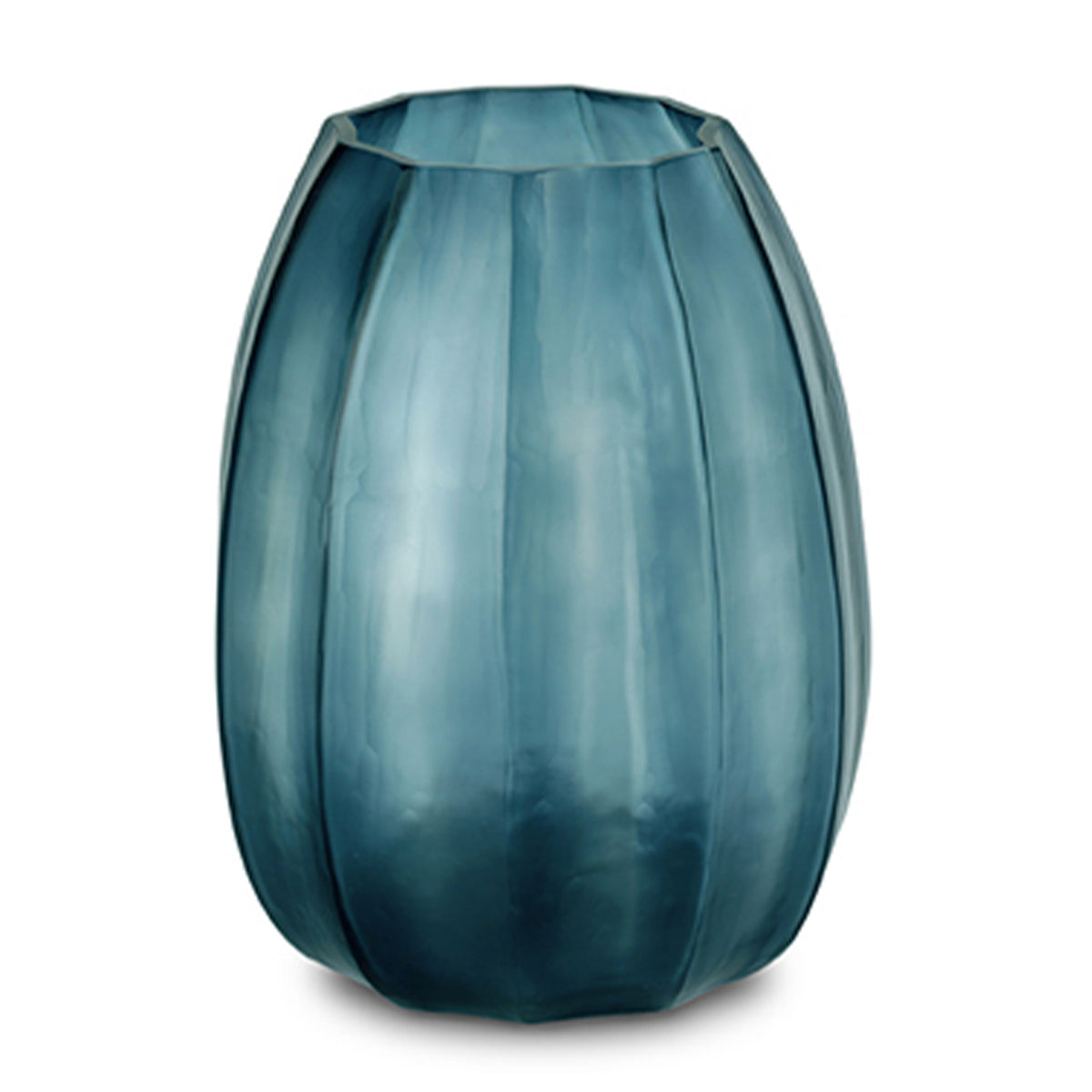 The Koonam Vase by Guaxs, in Ocean Blue/Indigo, is a tall, mouth-blown glass piece with vertical ridges, a slightly flared rim, and a translucent gradient blending dark and light blue shades.