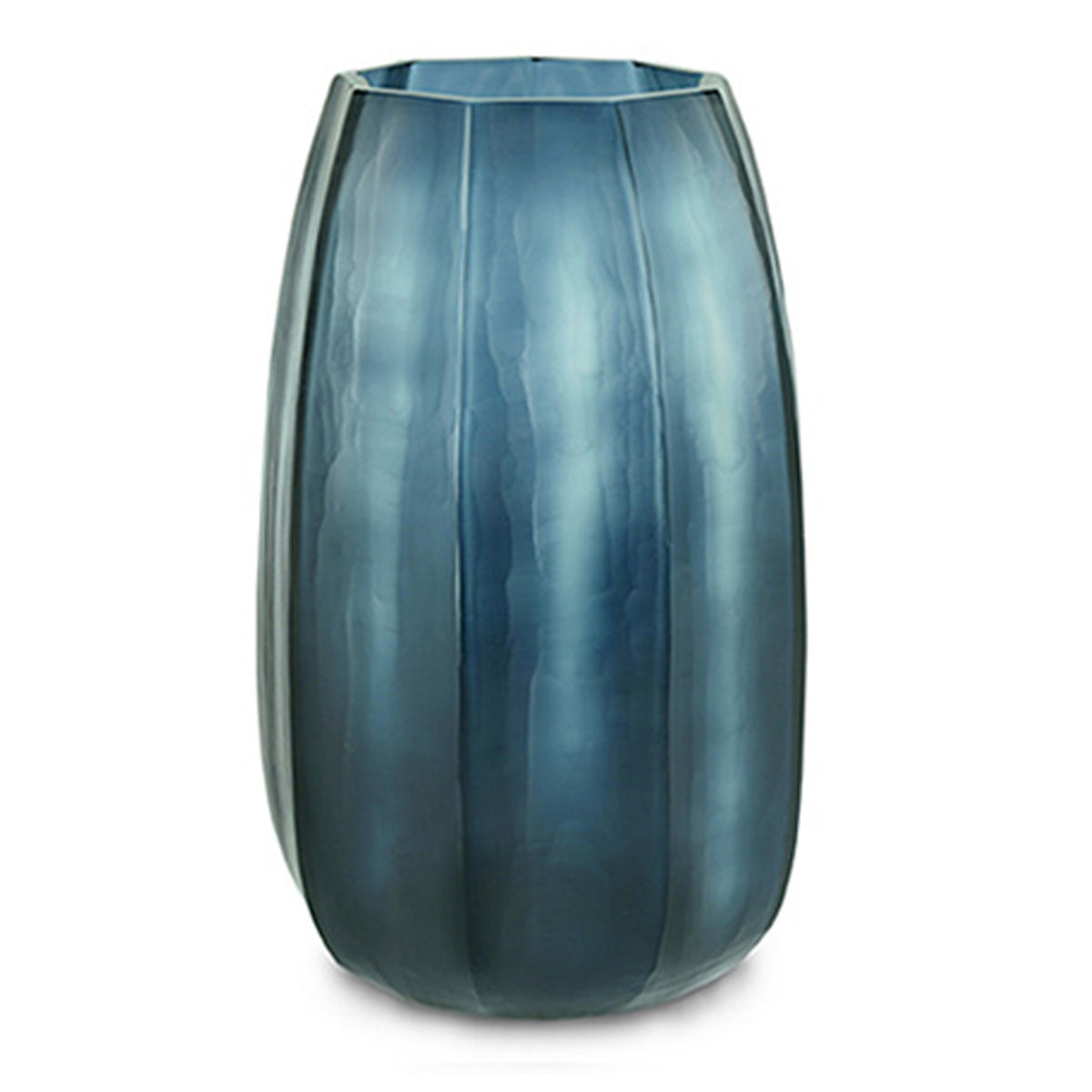 The Koonam Vase by Guaxs in Ocean Blue/Indigo features a tall, translucent glass design with vertical ridges and a slightly tapered, rounded shape, displayed against a white background.