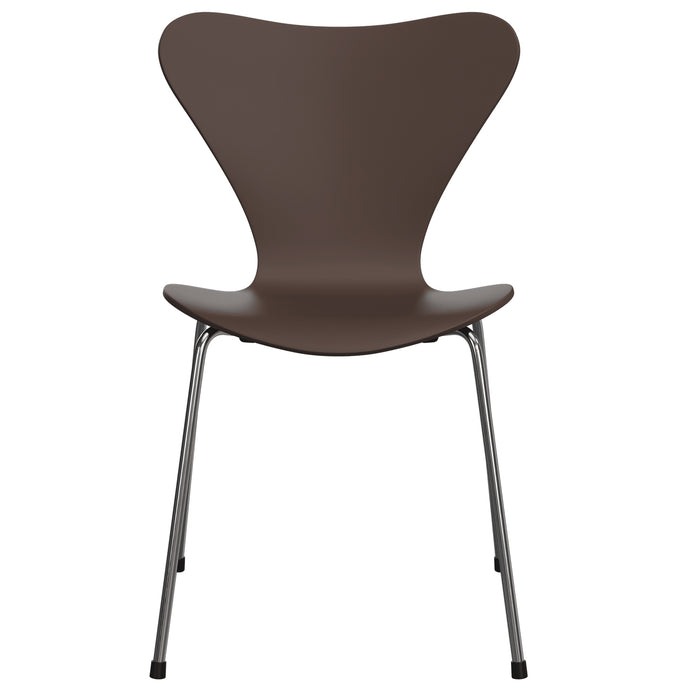 The Fritz Hansen Series 7 Chair by Verner Panton is a modern brown chair with a curved, butterfly-shaped backrest and chrome legs, shown from the front against a white background.