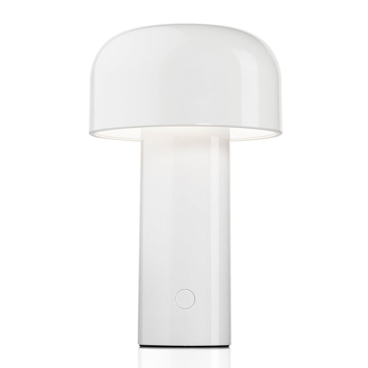 The Flos Bellhop Portable Lamp, IP54, is a modern, cordless white table lamp with a cylindrical base and dome-shaped shade, featuring an easy-to-use circular button near the bottom for control.